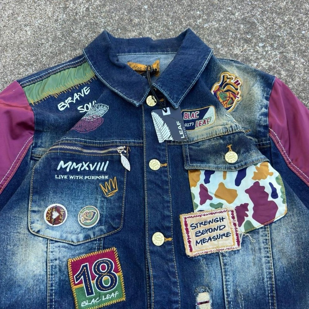 Vintage Y2K Blac Leaf Patchwork Denim Jacket Streetwear Bear Blue Mens L (g4b)